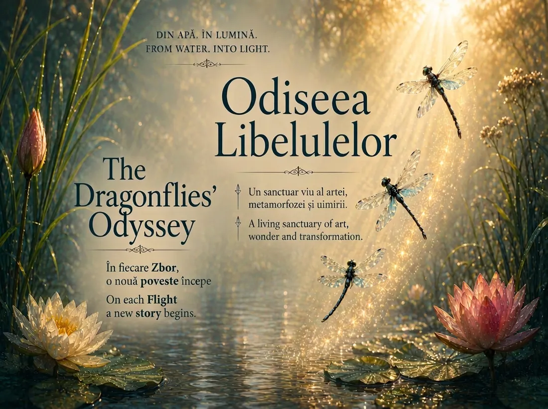 The Dragonflies’ Odyssey — announcement of the Flights: dragonflies rising through golden light above waterlilies